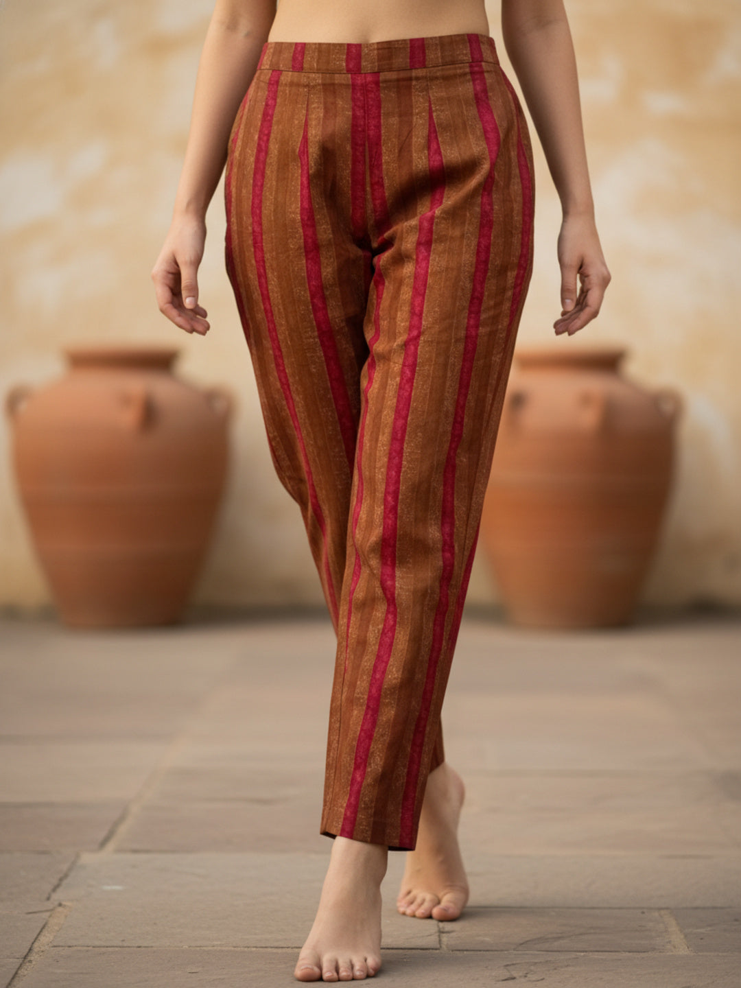 Stripes Printed Embroidered Straight Kurta with Pant & Dupatta - Brown