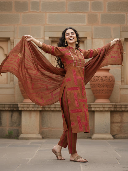 Stripes Printed Embroidered Straight Kurta with Pant & Dupatta - Brown