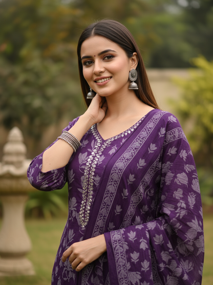 Floral Printed Mirror Work Anarkali Kurta with Pant & Dupatta - Purple