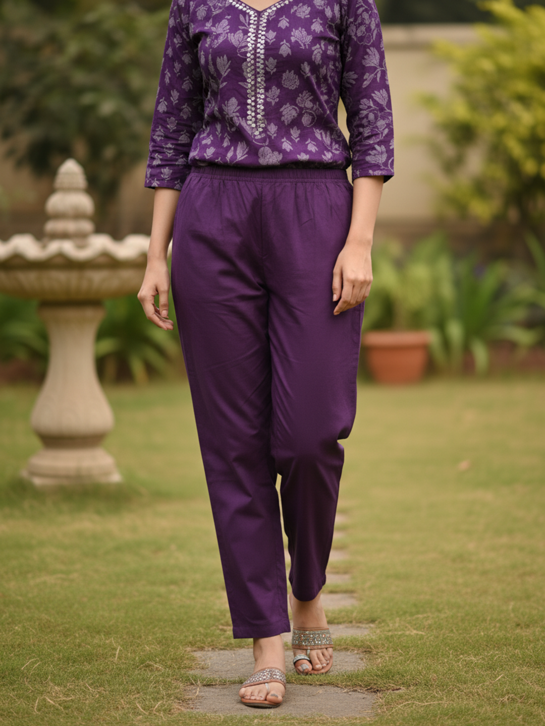 Floral Printed Mirror Work Anarkali Kurta with Pant & Dupatta - Purple