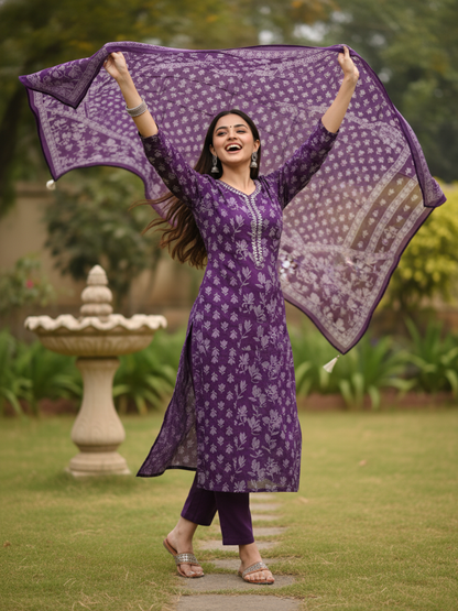 Floral Printed Mirror Work Anarkali Kurta with Pant & Dupatta - Purple