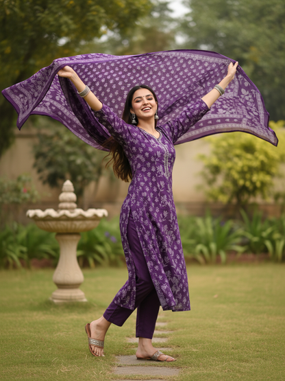 Floral Printed Mirror Work Anarkali Kurta with Pant & Dupatta - Purple