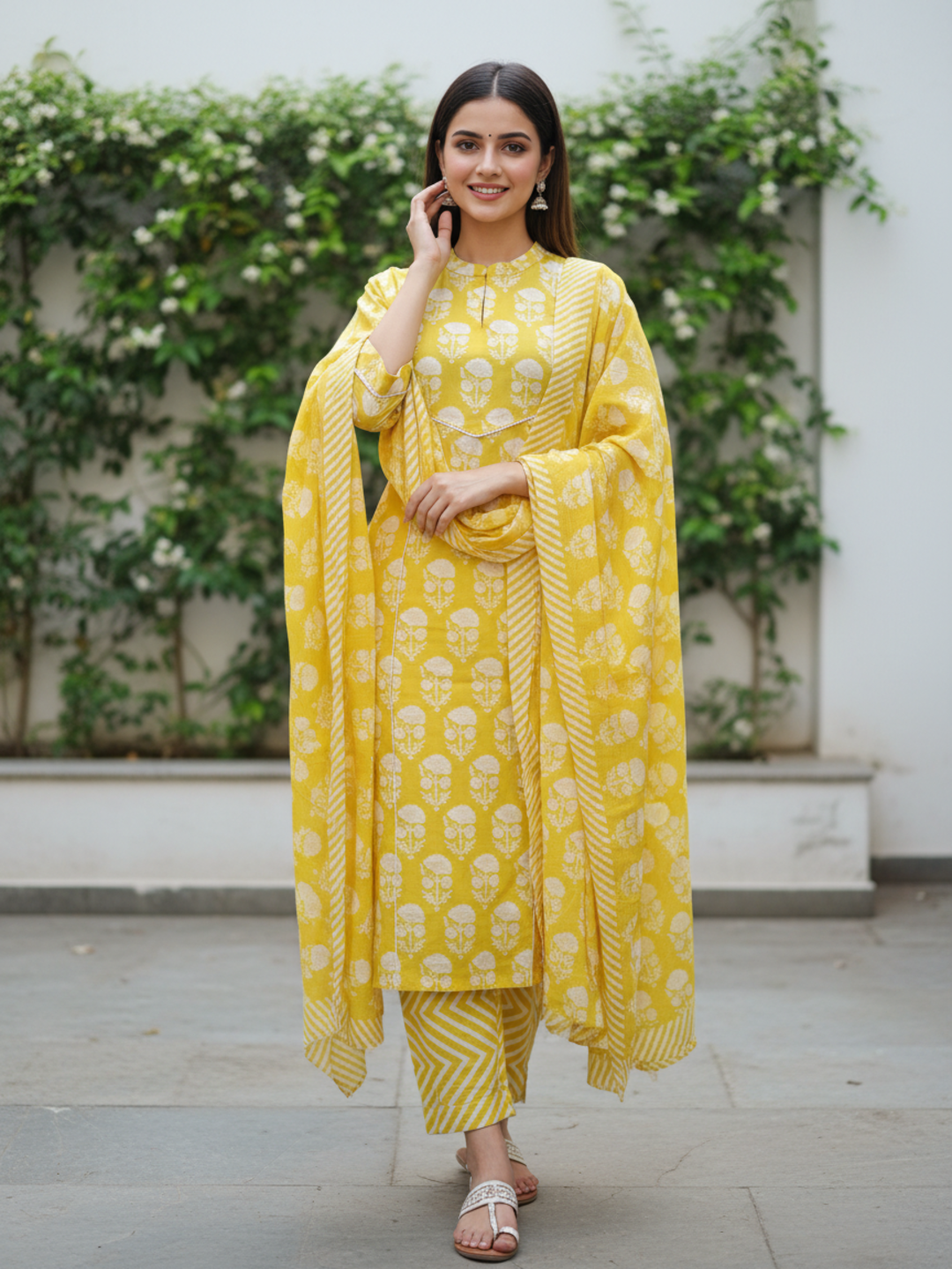 Floral Printed Embroidered Straight Kurta with Pant & Dupatta - Lime Green