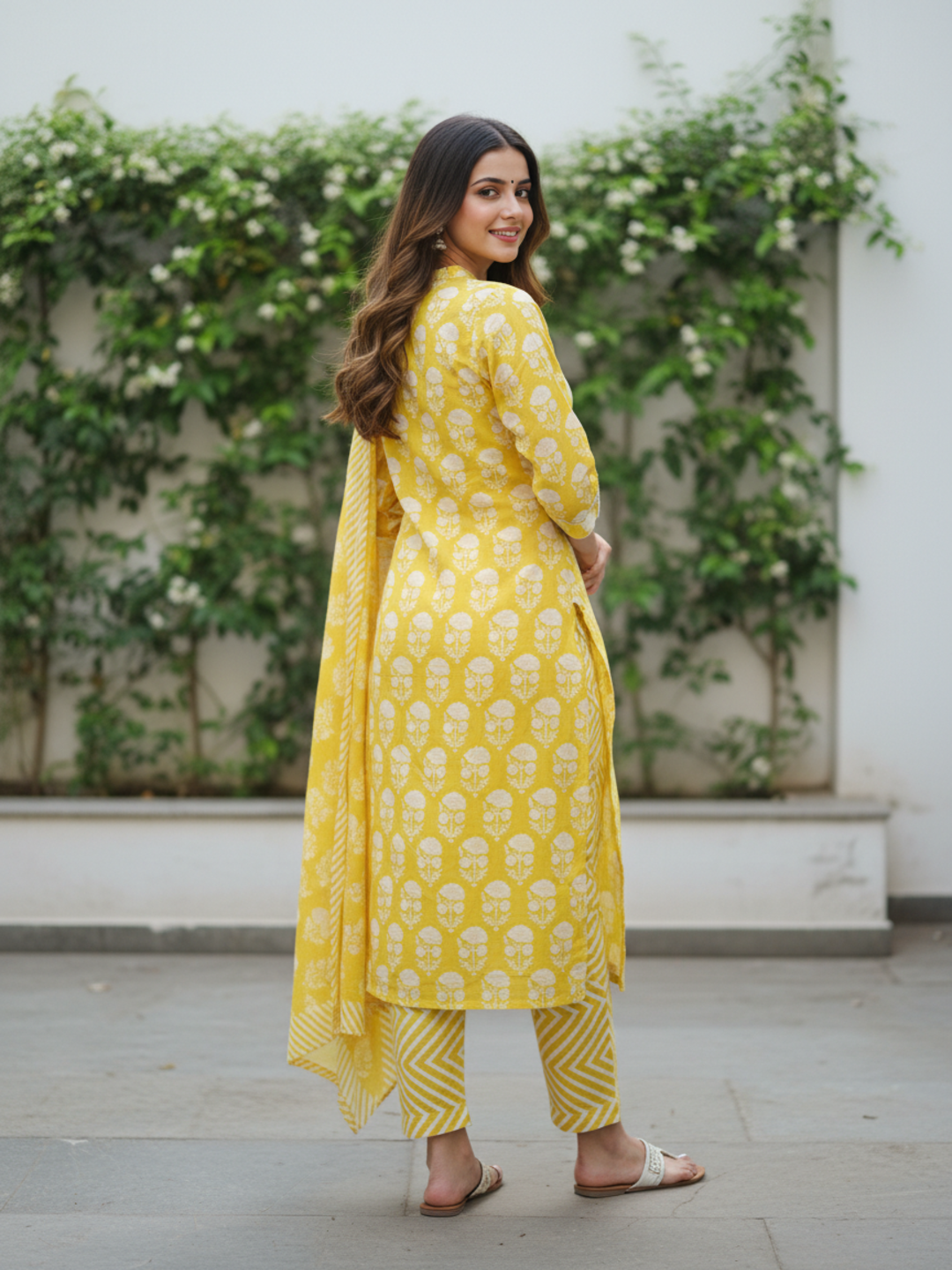 Floral Printed Embroidered Straight Kurta with Pant & Dupatta - Lime Green
