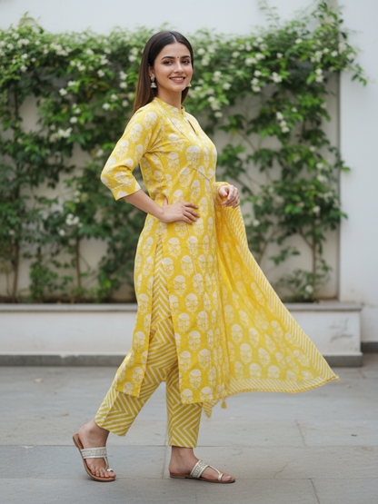 Floral Printed Embroidered Straight Kurta with Pant & Dupatta - Lime Green