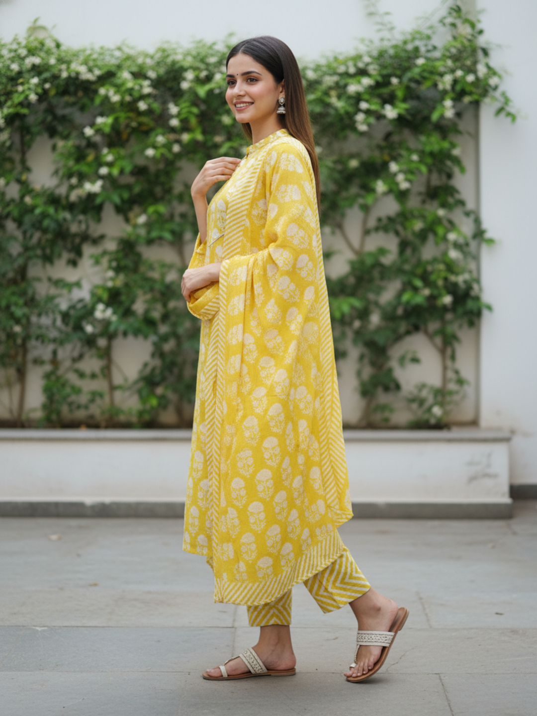 Floral Printed Embroidered Straight Kurta with Pant & Dupatta - Lime Green