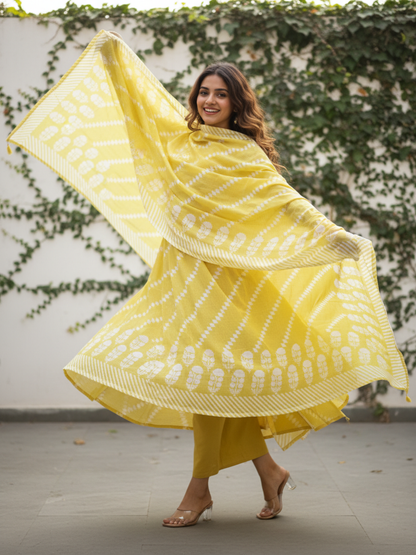 Floral Printed Embroidered Straight Kurta with Pant & Dupatta - Lime Green