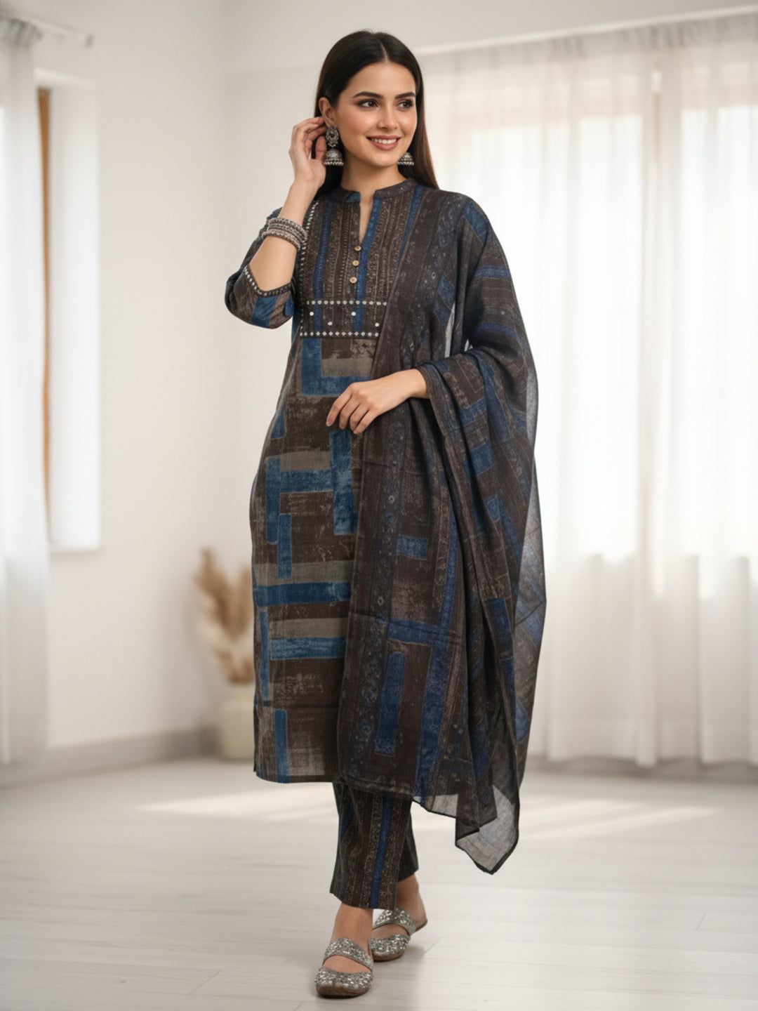 Stripes Printed Embroidered Straight Kurta with Pant & Dupatta - Charcoal