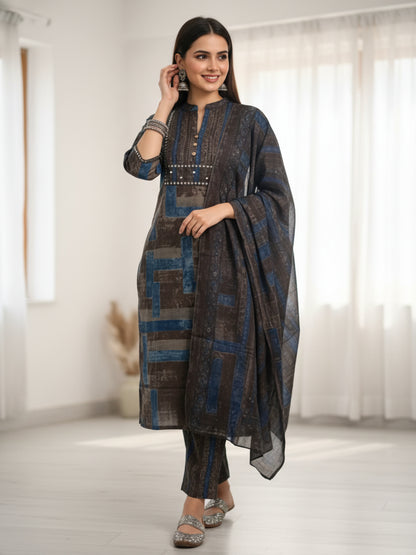 Stripes Printed Embroidered Straight Kurta with Pant & Dupatta - Charcoal