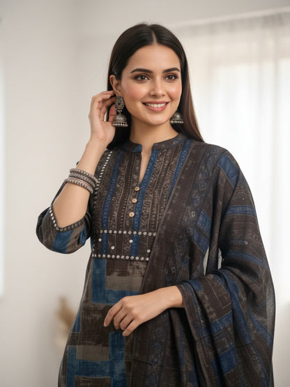Stripes Printed Embroidered Straight Kurta with Pant & Dupatta - Charcoal