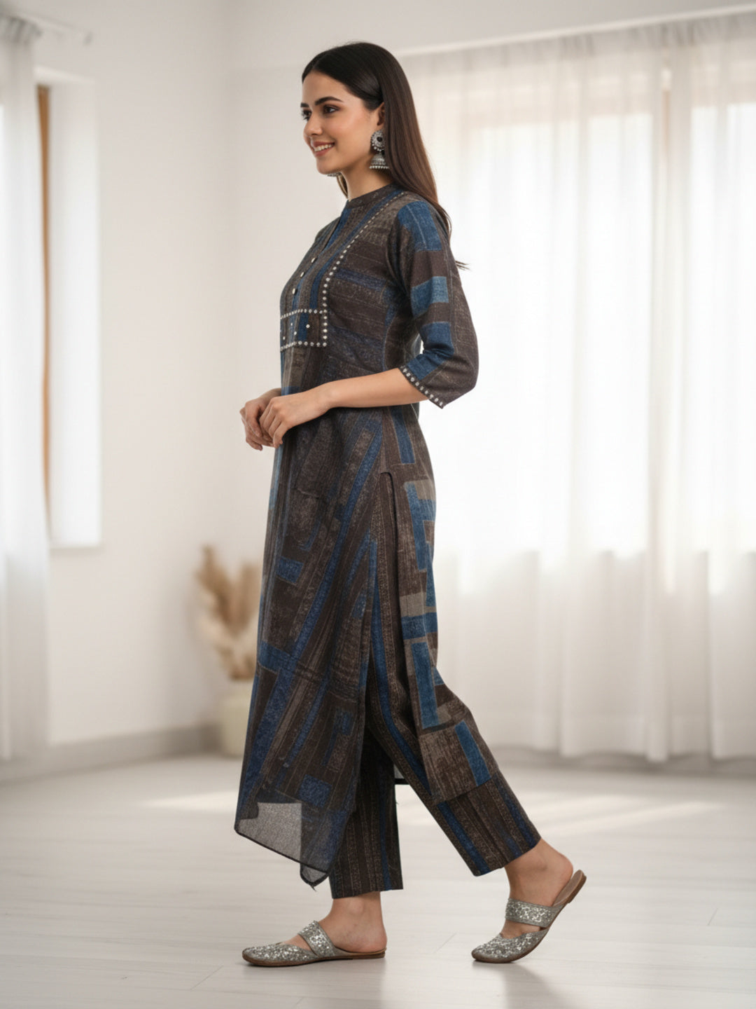 Stripes Printed Embroidered Straight Kurta with Pant & Dupatta - Charcoal