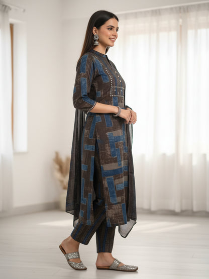 Stripes Printed Embroidered Straight Kurta with Pant & Dupatta - Charcoal