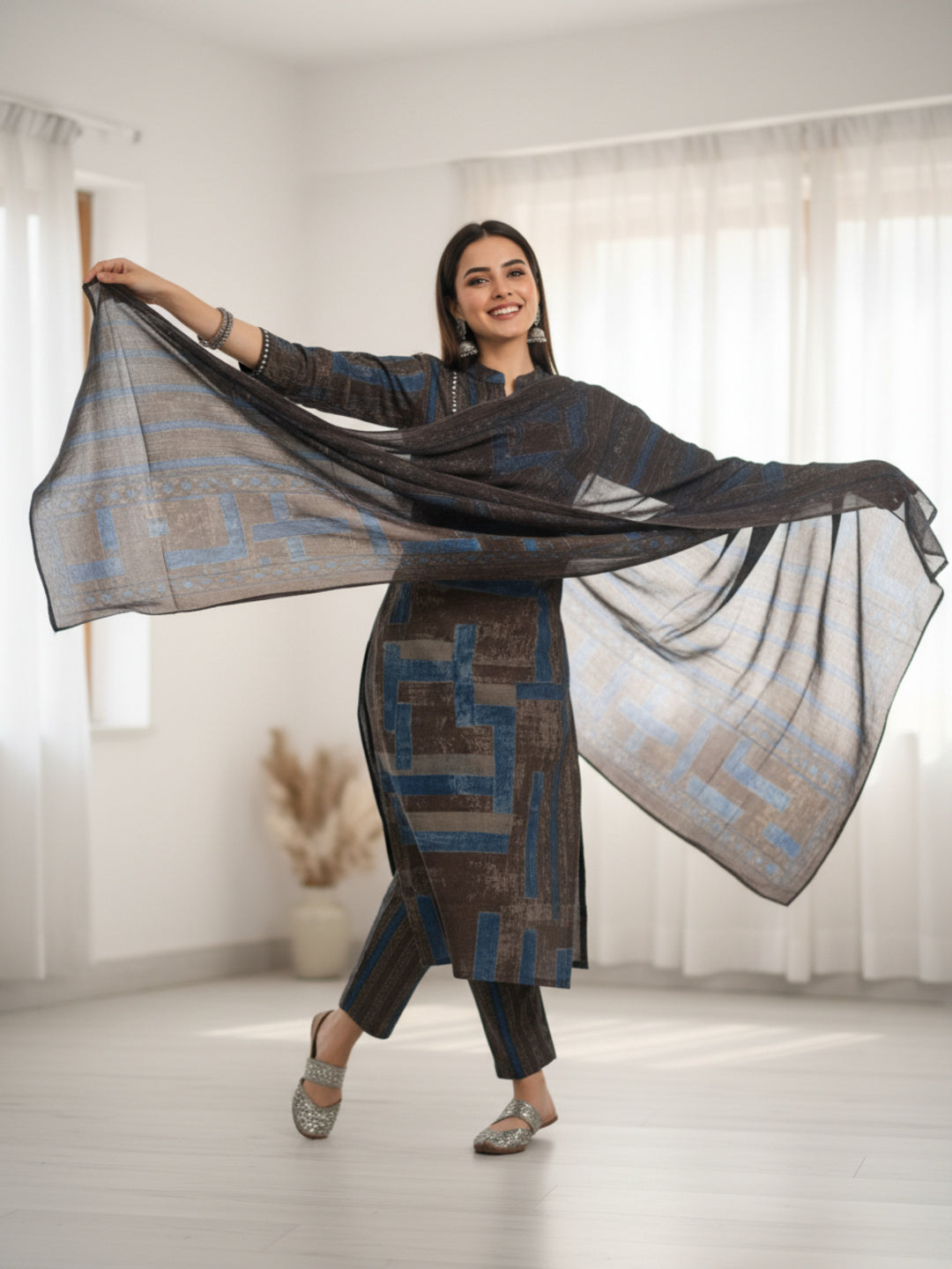 Stripes Printed Embroidered Straight Kurta with Pant & Dupatta - Charcoal
