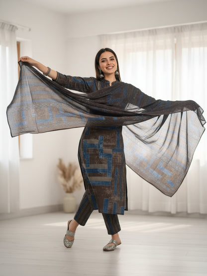 Stripes Printed Embroidered Straight Kurta with Pant & Dupatta - Charcoal
