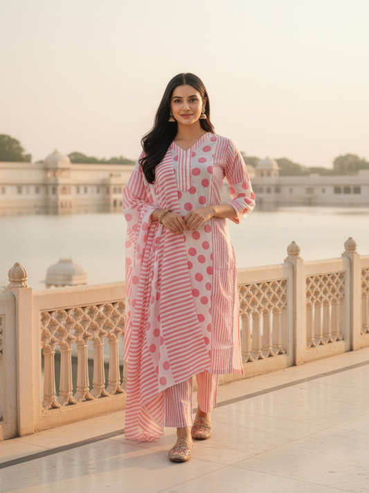 Polka & Stripe Printed Sequin Embellished Straight Kurta with Pant & Dupatta - Pink