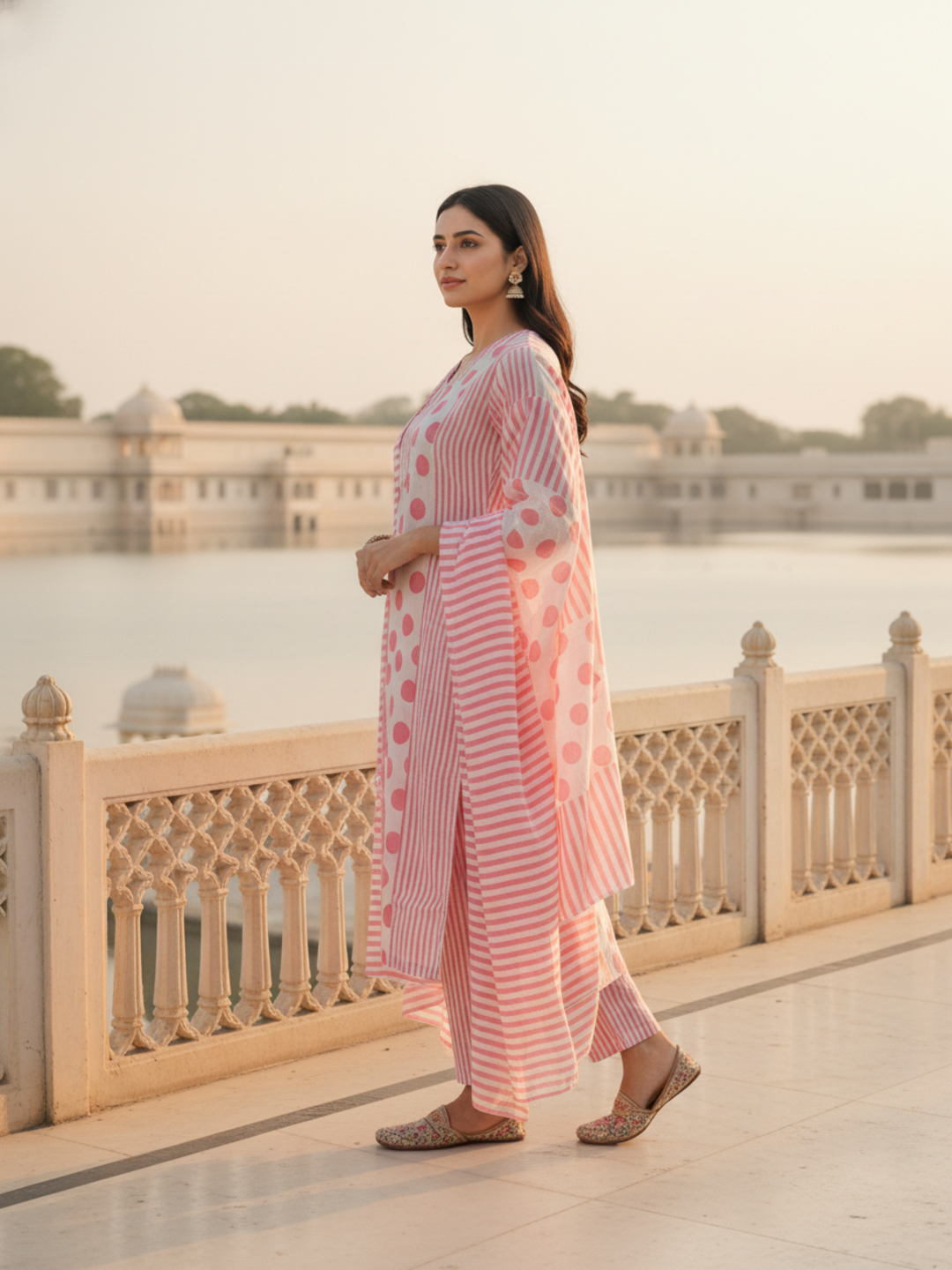 Polka & Stripe Printed Sequin Embellished Straight Kurta with Pant & Dupatta - Pink