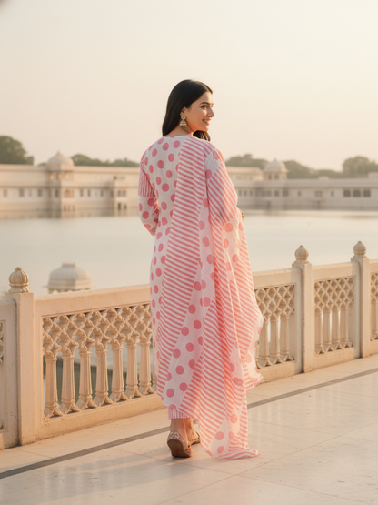 Polka & Stripe Printed Sequin Embellished Straight Kurta with Pant & Dupatta - Pink