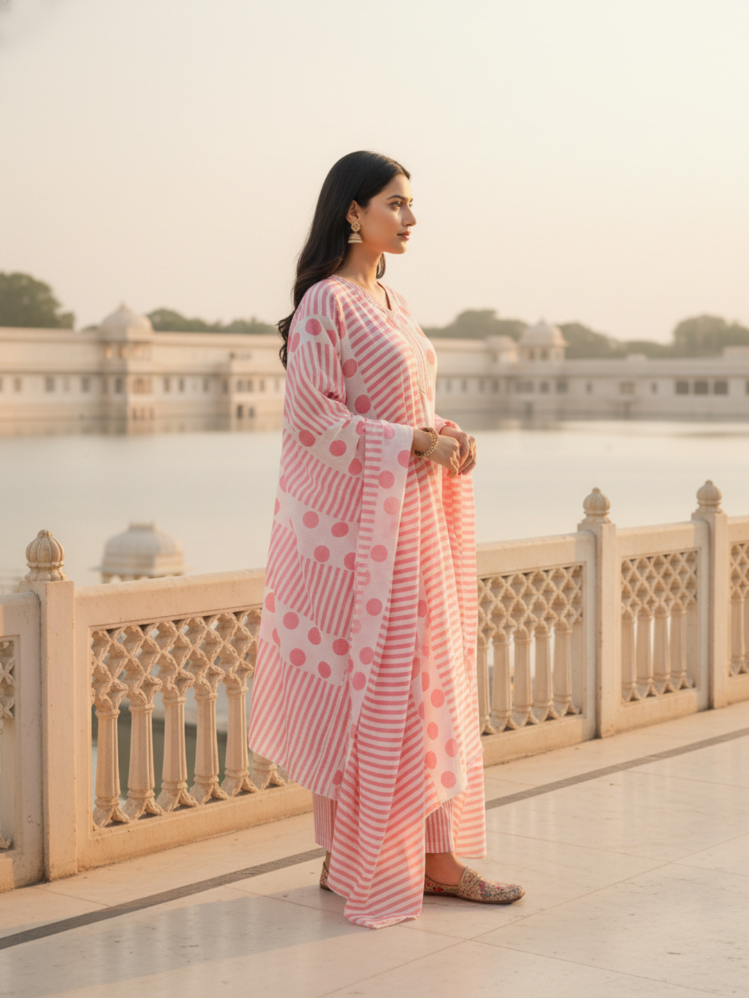 Polka & Stripe Printed Sequin Embellished Straight Kurta with Pant & Dupatta - Pink