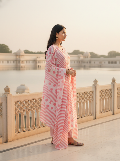 Polka & Stripe Printed Sequin Embellished Straight Kurta with Pant & Dupatta - Pink