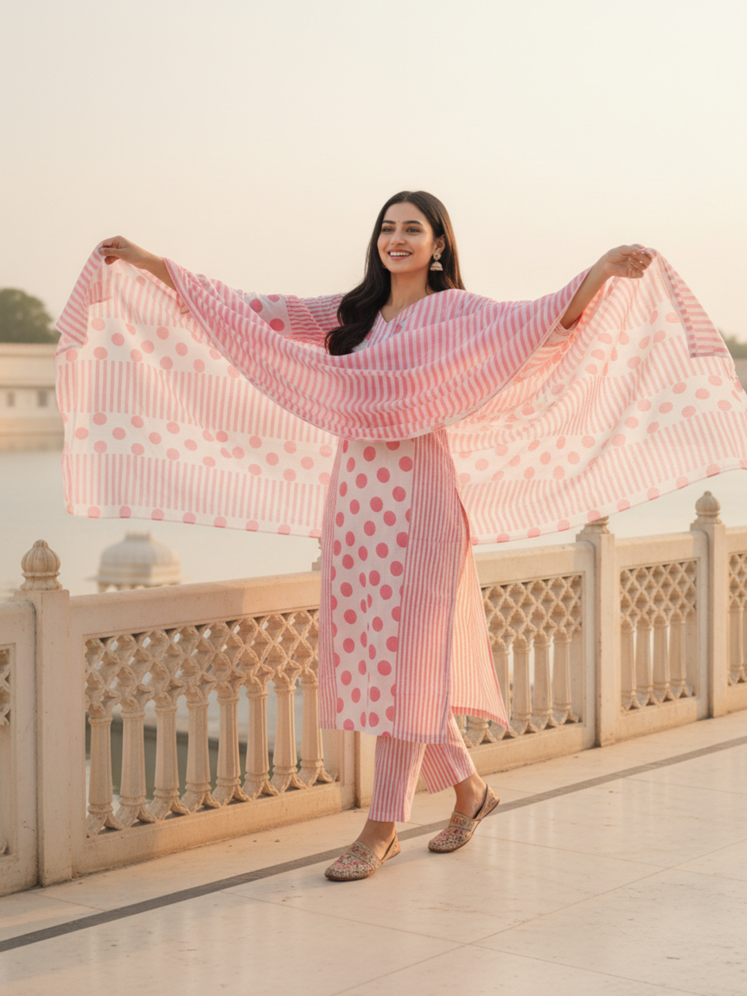 Polka & Stripe Printed Sequin Embellished Straight Kurta with Pant & Dupatta - Pink