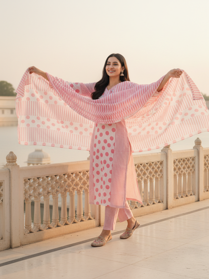 Polka & Stripe Printed Sequin Embellished Straight Kurta with Pant & Dupatta - Pink