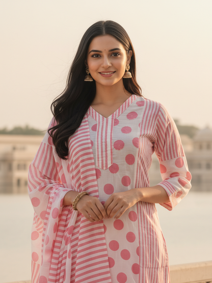 Polka & Stripe Printed Sequin Embellished Straight Kurta with Pant & Dupatta - Pink