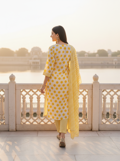 Polka & Stripe Printed Sequin Embellished Straight Kurta with Pant & Dupatta - Yellow