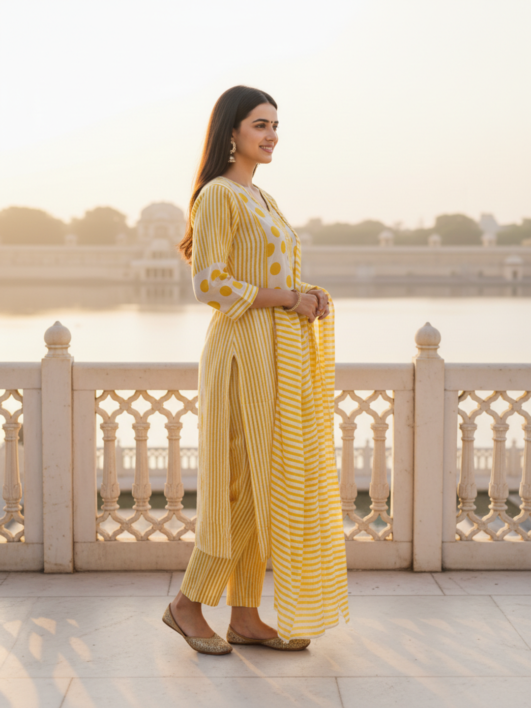 Polka & Stripe Printed Sequin Embellished Straight Kurta with Pant & Dupatta - Yellow