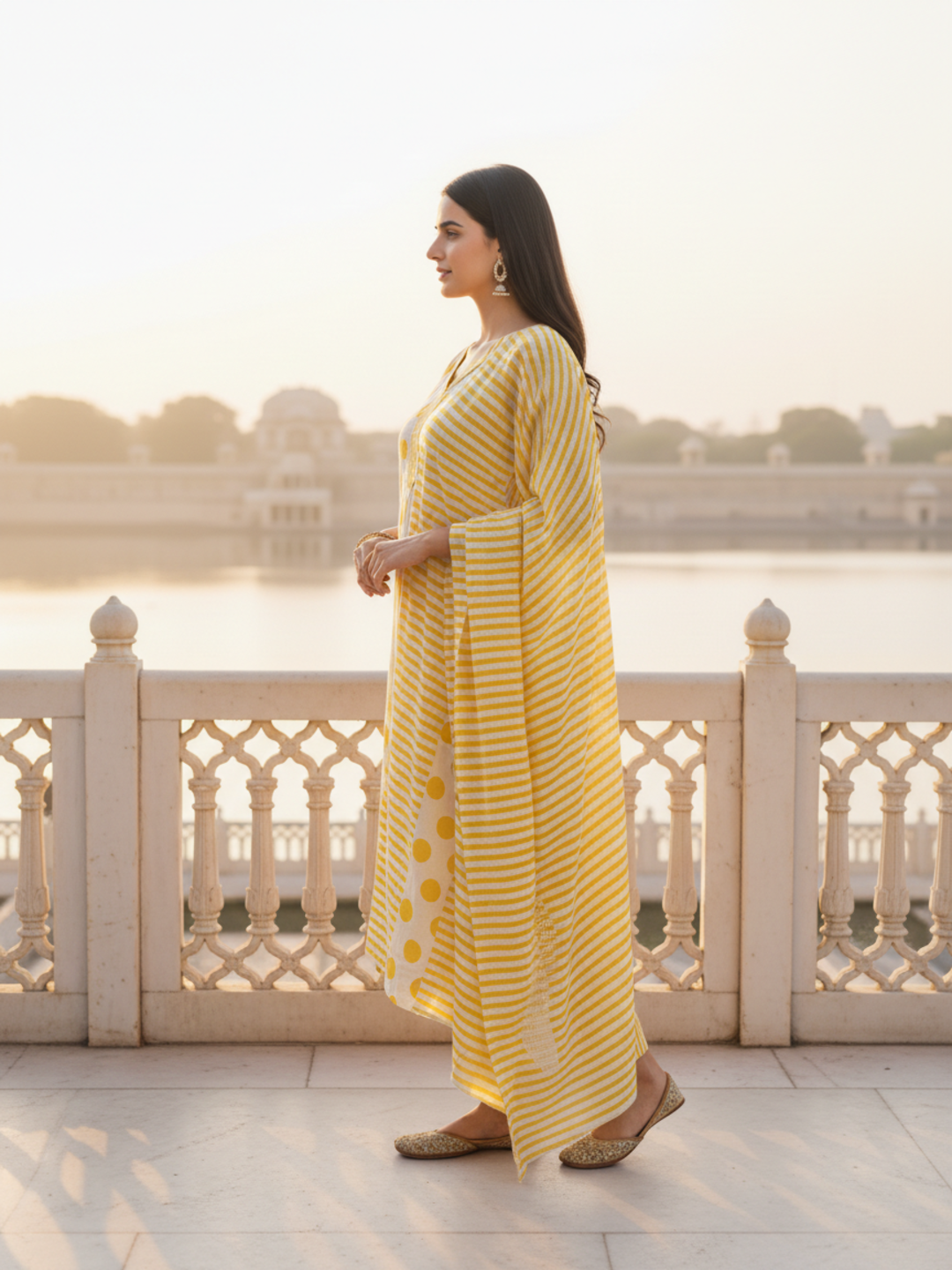 Polka & Stripe Printed Sequin Embellished Straight Kurta with Pant & Dupatta - Yellow