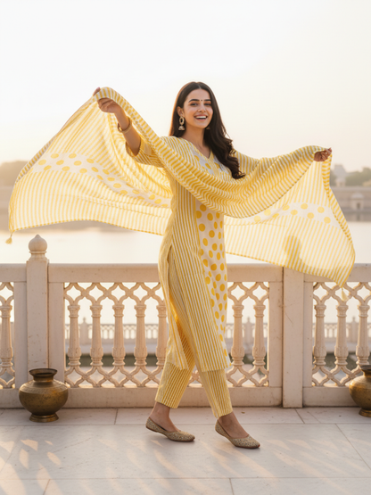 Polka & Stripe Printed Sequin Embellished Straight Kurta with Pant & Dupatta - Yellow
