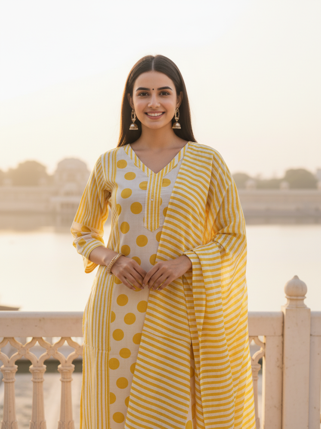 Polka & Stripe Printed Sequin Embellished Straight Kurta with Pant & Dupatta - Yellow