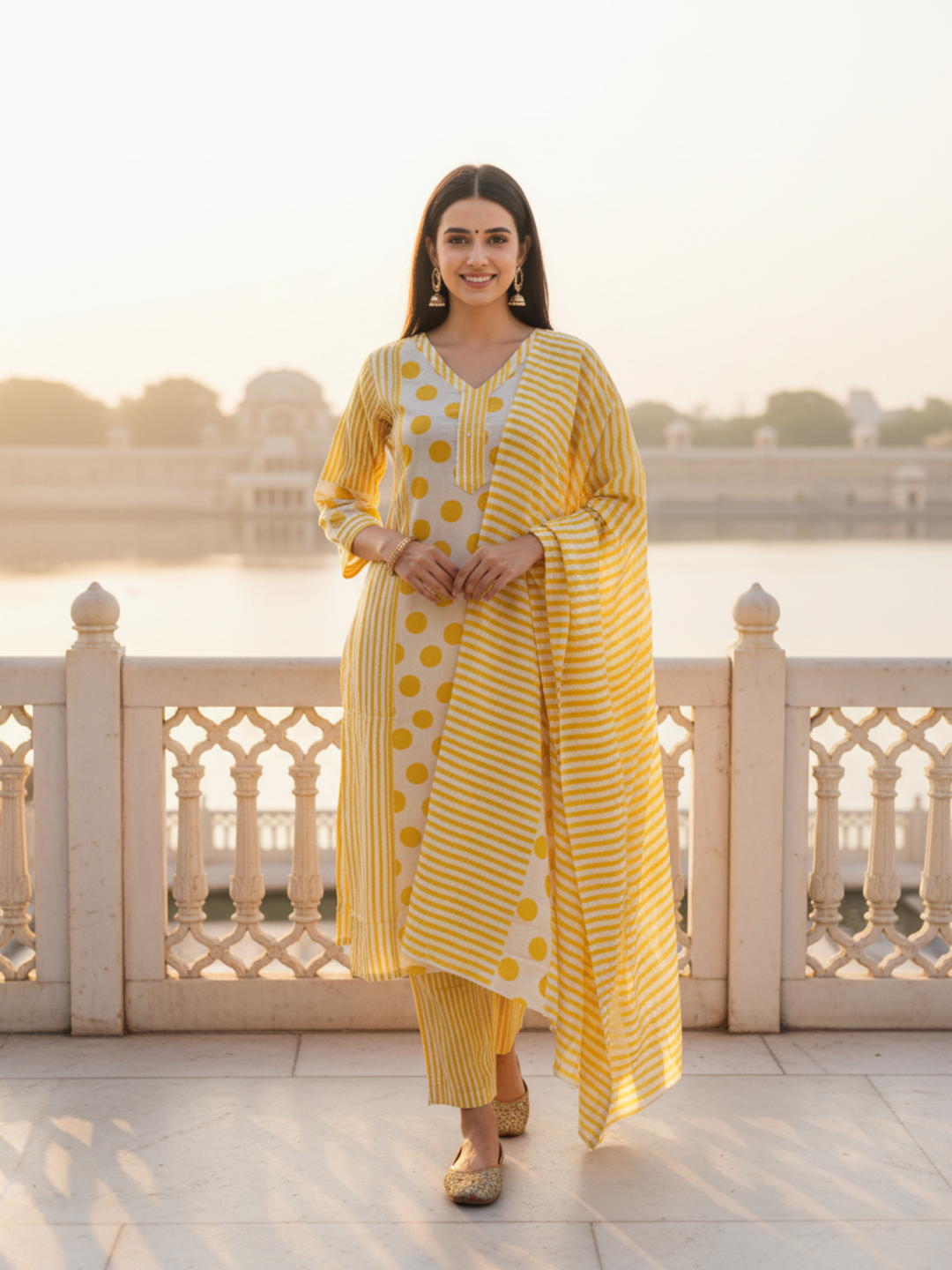 Polka & Stripe Printed Sequin Embellished Straight Kurta with Pant & Dupatta - Yellow