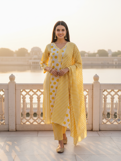 Polka & Stripe Printed Sequin Embellished Straight Kurta with Pant & Dupatta - Yellow