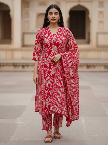 Floral Printed Sequin Embellished Straight Kurta with Pant & Dupatta - Maroon