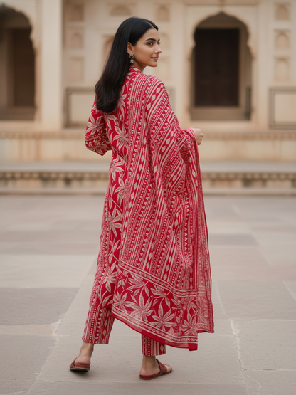 Floral Printed Sequin Embellished Straight Kurta with Pant & Dupatta - Maroon