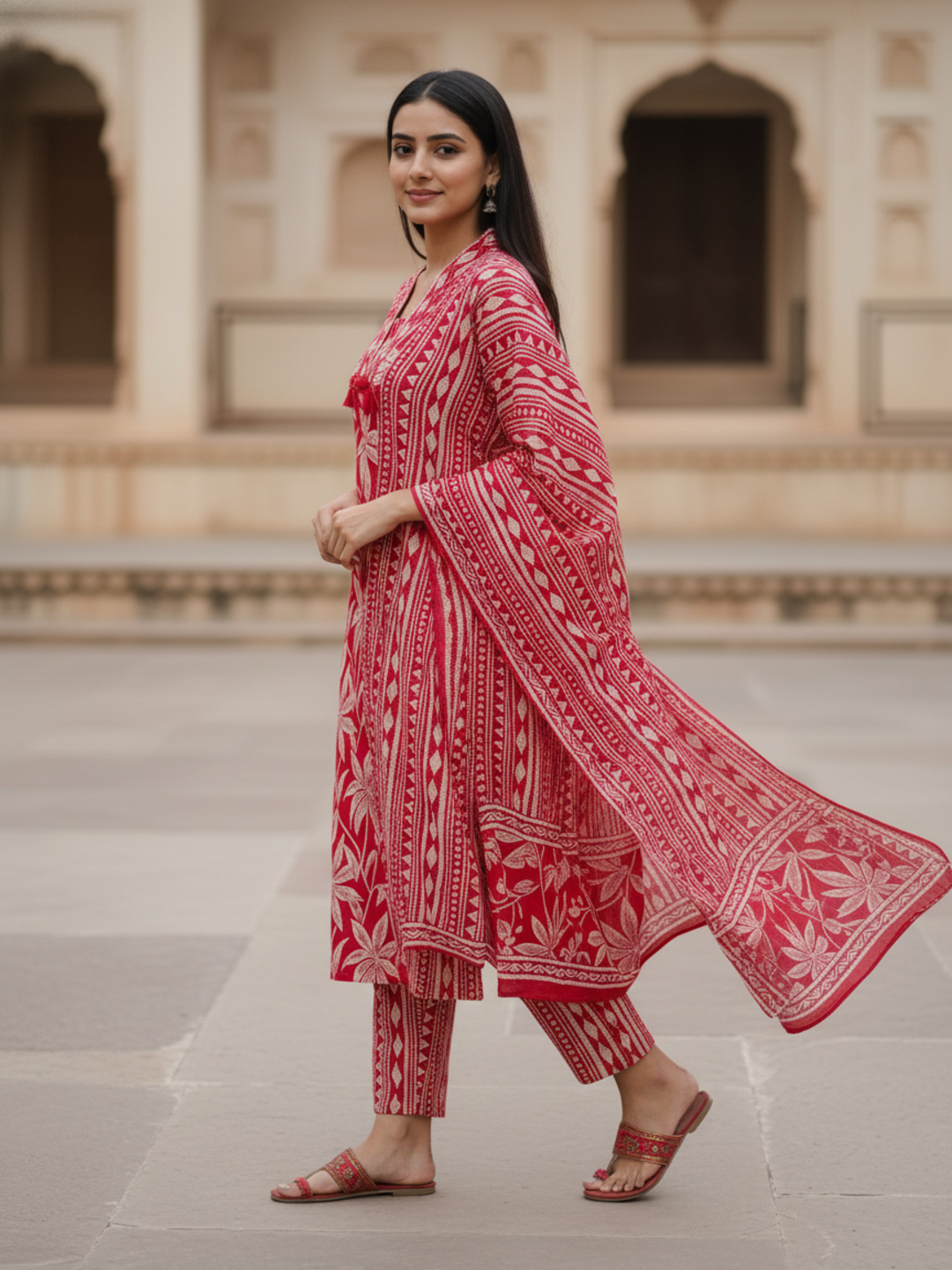Floral Printed Sequin Embellished Straight Kurta with Pant & Dupatta - Maroon