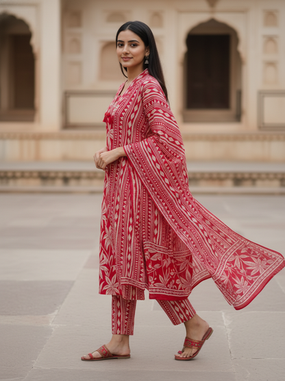 Floral Printed Sequin Embellished Straight Kurta with Pant & Dupatta - Maroon