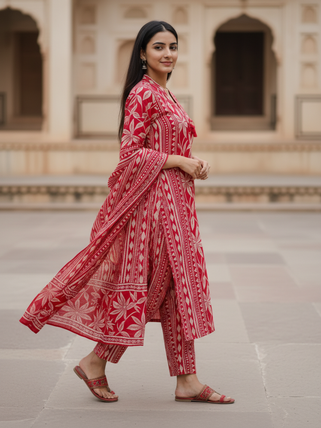 Floral Printed Sequin Embellished Straight Kurta with Pant & Dupatta - Maroon