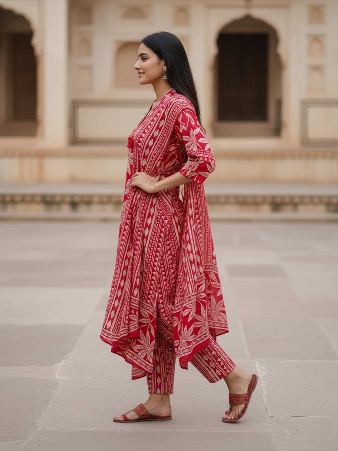 Floral Printed Sequin Embellished Straight Kurta with Pant & Dupatta - Maroon