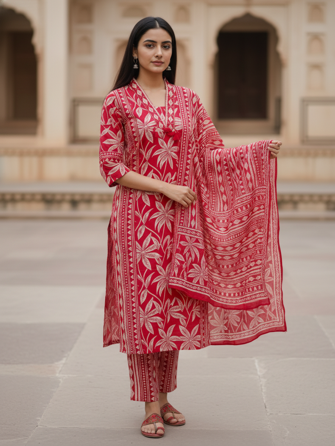 Floral Printed Sequin Embellished Straight Kurta with Pant & Dupatta - Maroon