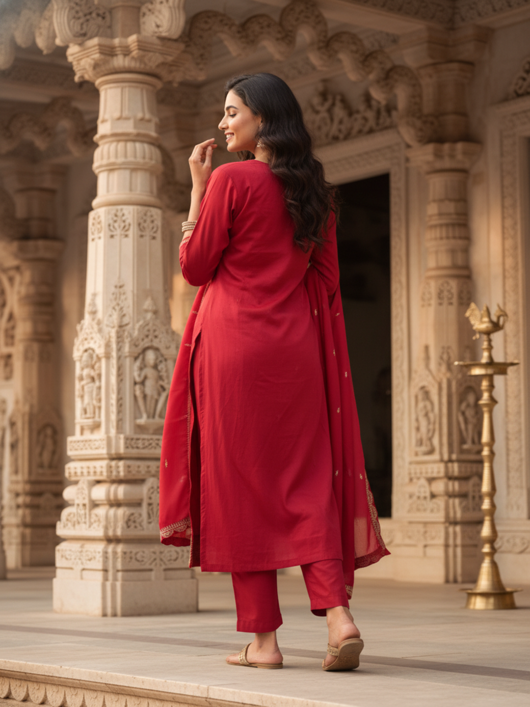 Solid Sequin & Embroidered Anarkali Kurta with Pant & Dupatta - Rani Pink