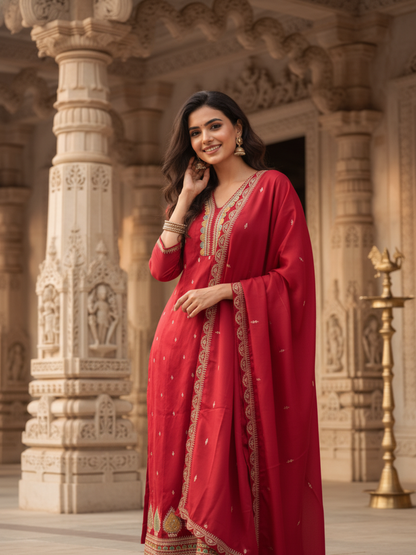 Solid Sequin & Embroidered Anarkali Kurta with Pant & Dupatta - Rani Pink