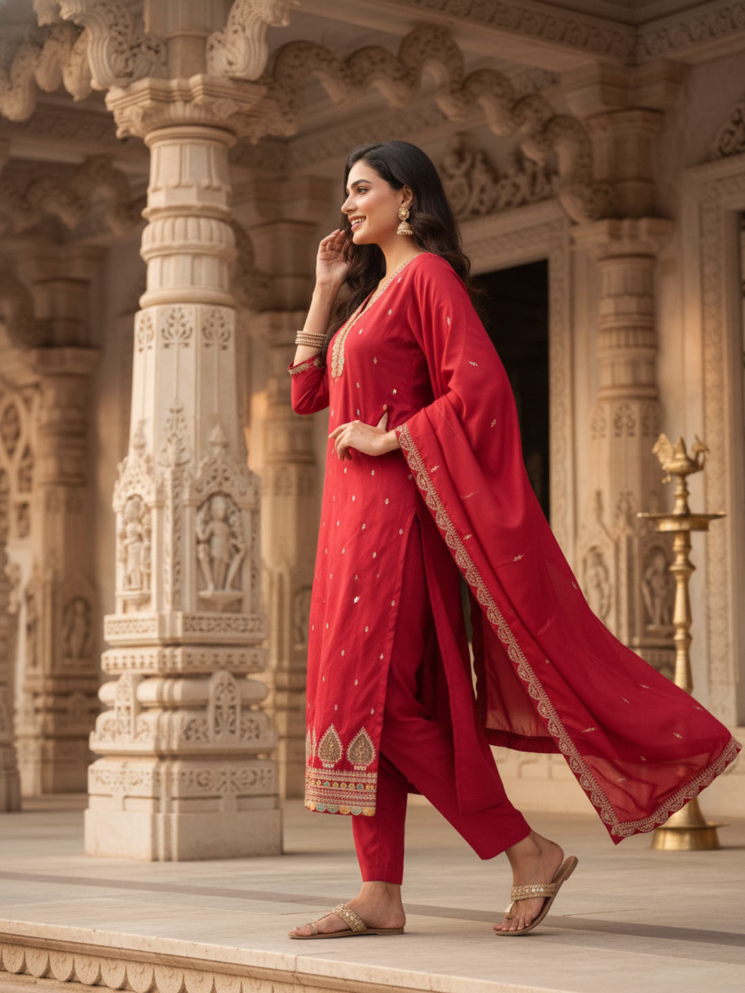 Solid Sequin & Embroidered Anarkali Kurta with Pant & Dupatta - Rani Pink