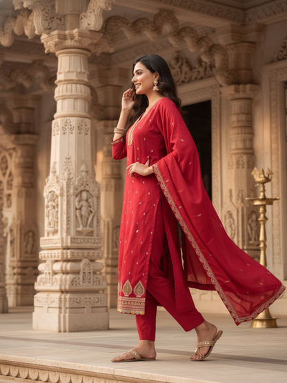 Solid Sequin & Embroidered Anarkali Kurta with Pant & Dupatta - Rani Pink