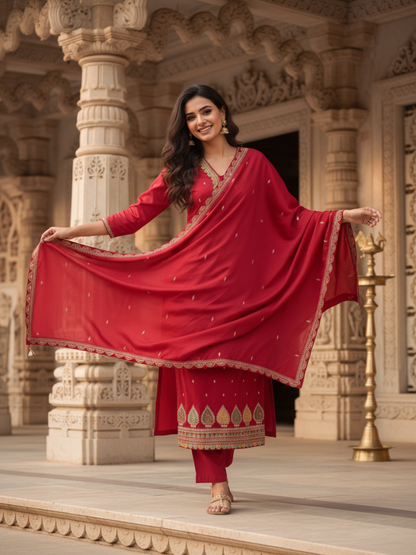 Solid Sequin & Embroidered Anarkali Kurta with Pant & Dupatta - Rani Pink