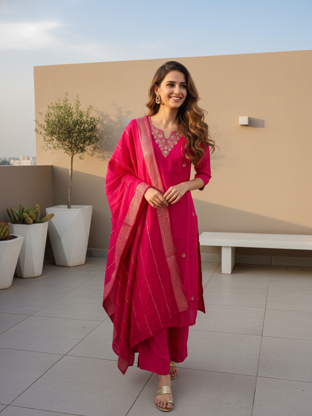 Solid Gota Patti, Mirror Work & Embroidered Straight Kurta with Pant & Dupatta - Rani Pink