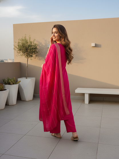 Solid Gota Patti, Mirror Work & Embroidered Straight Kurta with Pant & Dupatta - Rani Pink