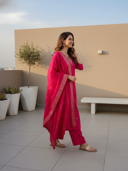 Solid Gota Patti, Mirror Work & Embroidered Straight Kurta with Pant & Dupatta - Rani Pink