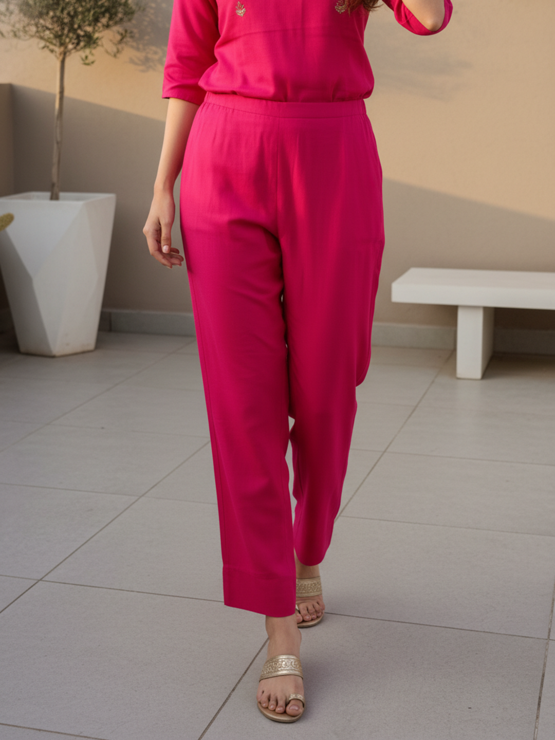 Solid Gota Patti, Mirror Work & Embroidered Straight Kurta with Pant & Dupatta - Rani Pink