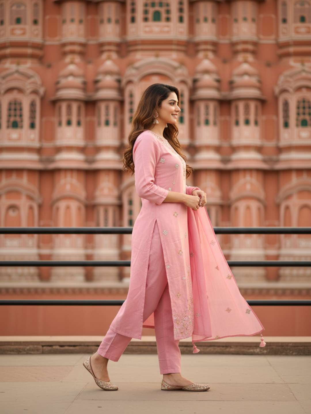 Solid Sequin & Embroidered Straight Chanderi Kurta with Pant & Dupatta - Rose